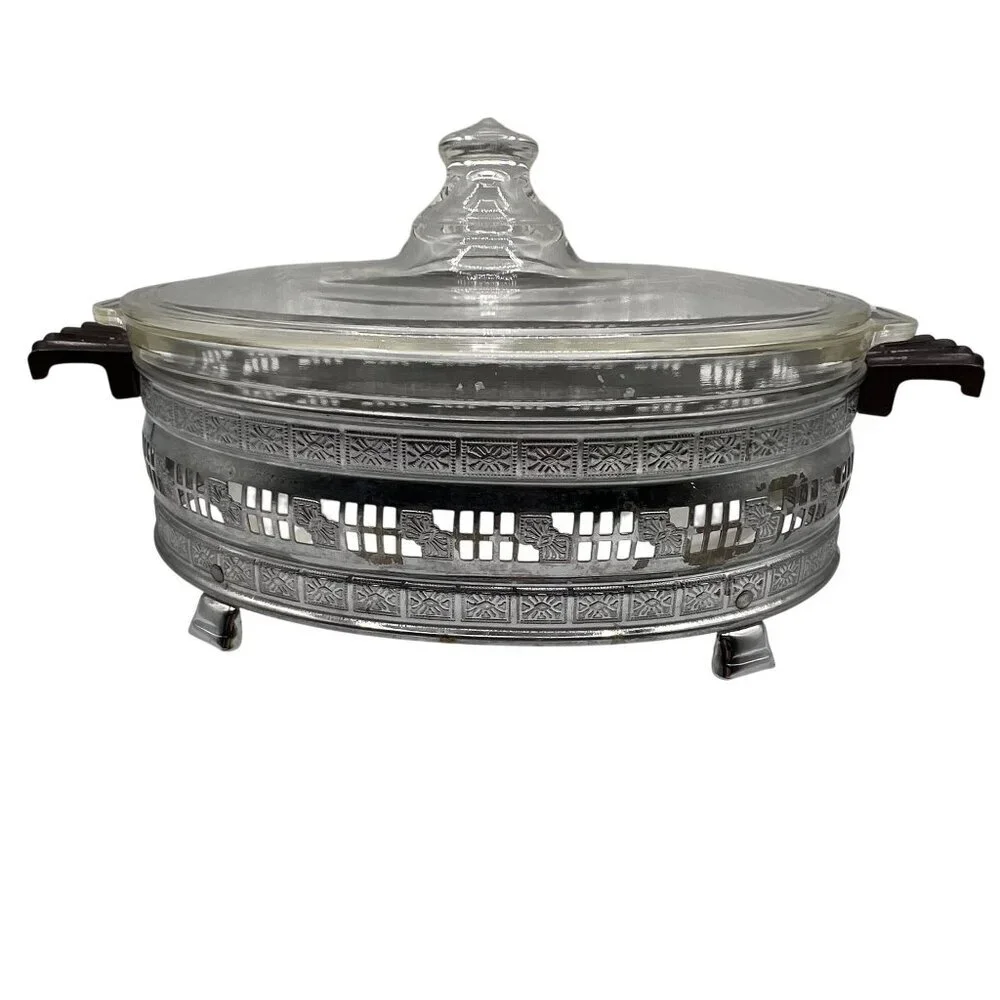 Pyrex 1.5qt Vintage Oval Glass Casserole Dish Etched Silver Plated Footed Holder